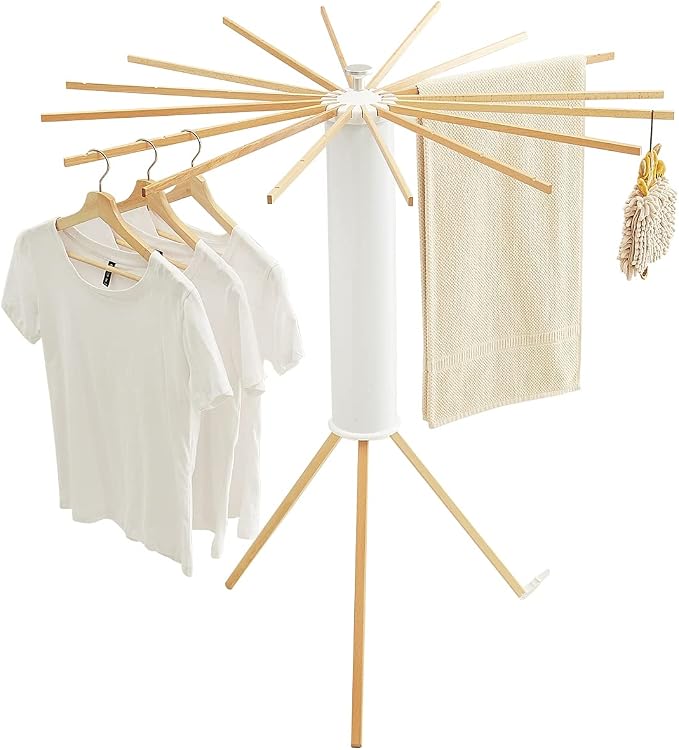 JOOM Clothes Drying Rack, Clothing Stand, Foldable Laundry Drying Rack | Portable clothes rack with wooden rods, plastic cylinder and tripod base for apartments, balconies, RVs, camping and travel.