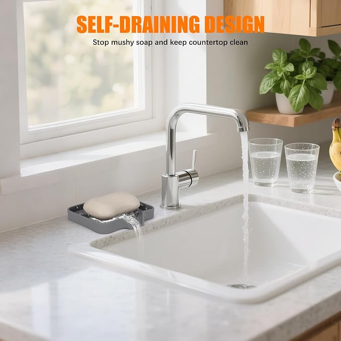 2 Pack Silicone Soap Dish for Shower with Self Draining Grey & Beige White | Soap Holder for Bathroom, Silicone Sponge Holder for Kitchen Sink, Soap Tray for Dispenser, Scrubber, Bottle, 4.7"×3.9"