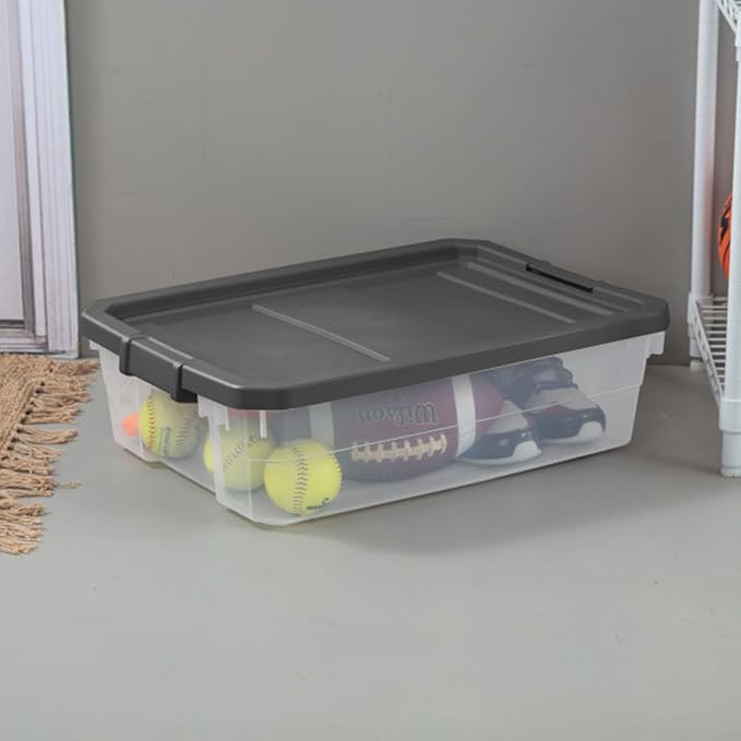 Sterilite 18-Pack Modular Stacker Box, Durable Clear Plastic Storage Bins with Latching Lids, 40 Quart - Stackable Organizing Container Boxes for Closet, Bathroom, and Office