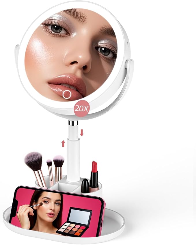 20X Magnifying Mirror with Lights and Storage, Double Sided Vanity Mirror | Rechargeable Makeup Mirror, 3 Color Lighting, Fast Charge and Long-lasting Work, Height Adjustable, Memory Function, White