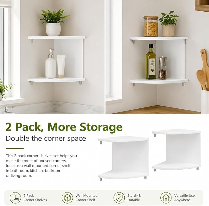 No-Drill Corner Shelf Wall Mount, 2-Tier Thickened 12mm Floating Bookshelf with Hooks, Space-Saving Zigzag Plant Shelf for Bedroom, Living Room, Bathroom, Home Office