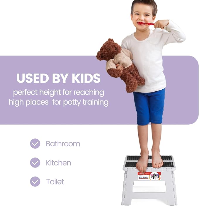 9" Folding Step Stool, Non-Slip Surface Stool for Kids, Dot White | Heavy Duty Foldable Stools, Lightweight, Holds 300 lb, for Toddler Kitchen Bathroom Bedroom Outdoor, Collapsible with Handle