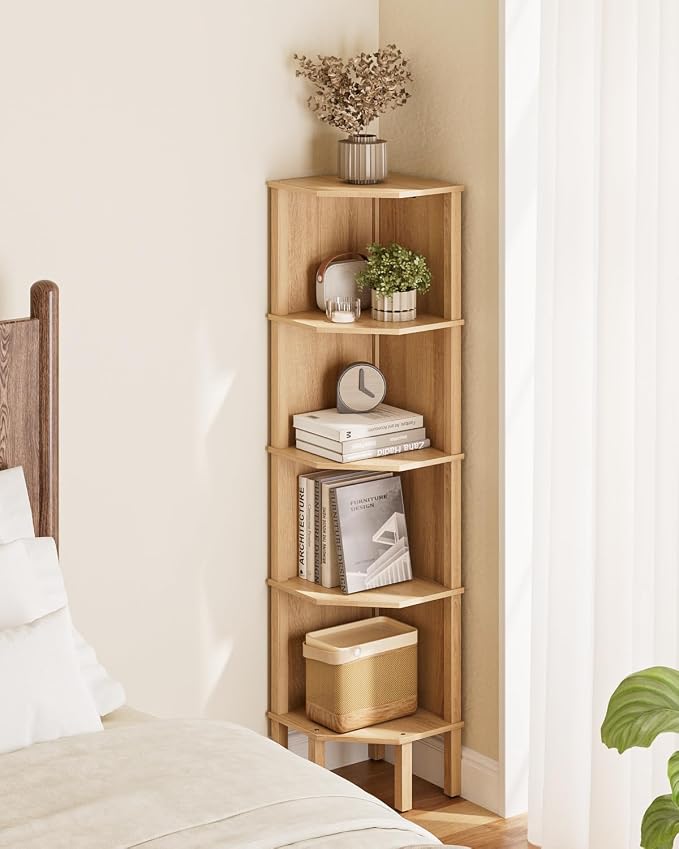 Corner Shelf, 5 Tier Corner Bookshelf, Display Corner Shelf Stand with Storage Rack, Wall Corner Bookshelf for Living Room, Bedroom, Office, Oak