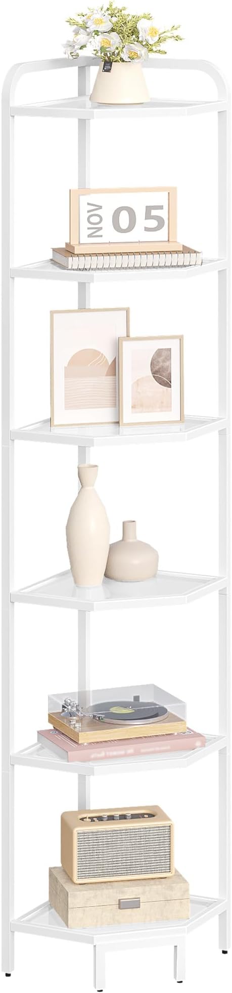Hzuaneri Corner Shelf Stand, 6-Tier Glass Bookshelf Bookcase, Plant Stand | Bathroom Organizer Steel Frame, Tempered Glass, Modern Style for Living Room, Bathroom, Kitchen, White CS90613W