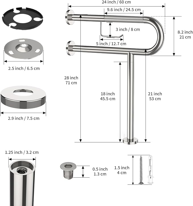 ZUEXT 24x28 Inch Chrome Knurled Toilet Grab Bar with Toilet Paper Holder | Wall to Floor, Anti-slip Handicap Grab Bar, Stainless Steel Bathroom Support Rail with Leg, For Elderly Disabled Pregnant