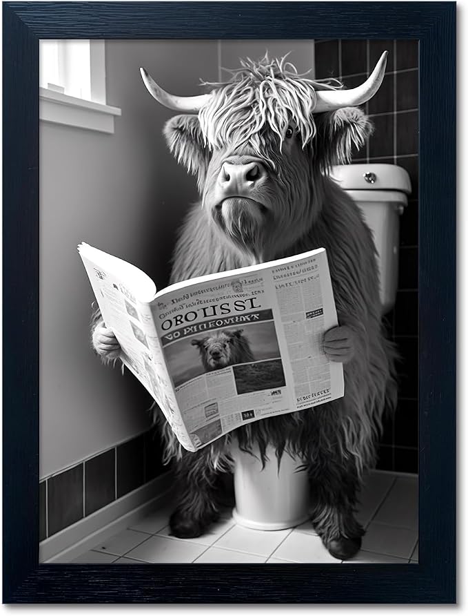 Framed Black and White Bathroom Canvas Print Highland Cow with Toilet Paper on Head Wall Art Toilet Decor Cow Pictures Wall Decor Animal Bathroom Wall Art for Home