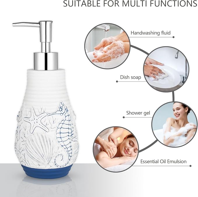 Beach Theme Bathroom Accessory Sets 4PCs Bathroom Set Complete Embossed Seashell Starfish Design Includes Lotion Dispenser Toothbrush Holder Tumbler Cup & Soal Dish