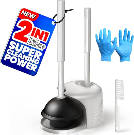 4in1 Toilet Plunger and Brush Set - Home Bathroom Cleaning Tools | 21", Groove Gap Brush, Cleaning Gloves, Heavy Duty Toilet Bowl Cleaner, Apartment Must Haves Bathroom Decor, Light Grey