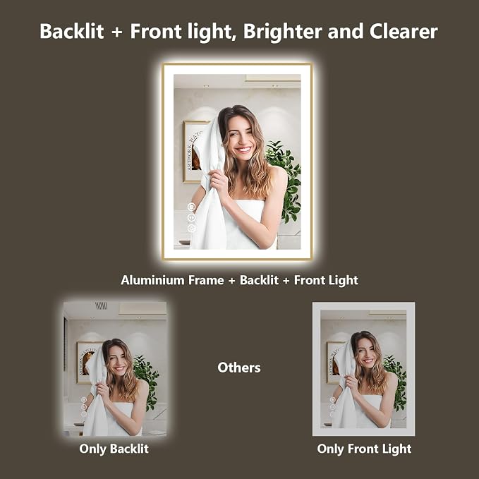 24x36 LED Bathroom Mirror with Lights, Gold Framed Lighted Mirror | Backlit and Front light, Anti-Fog, 3 Color Dimmable, Memory, Tempered Glass, IP54 Waterproof, UL Listed