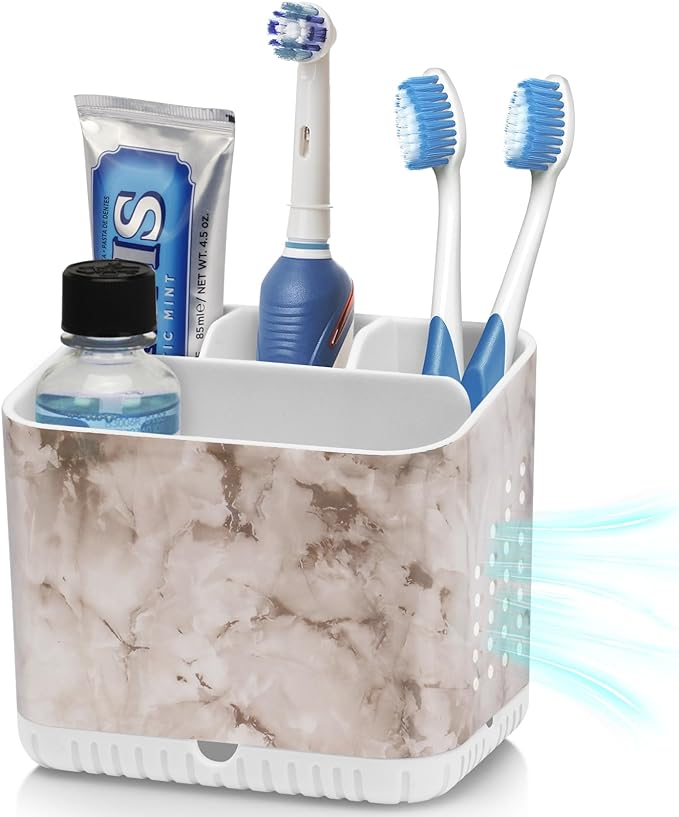 Toothbrush Holders, Toothbrush and Toothpaste Holder (White Marble) | EasyTo Clean, Drainage, Removable, Non-Slip, 4 Slots Tooth Brush Holder for Bathroom Countertop Organizer