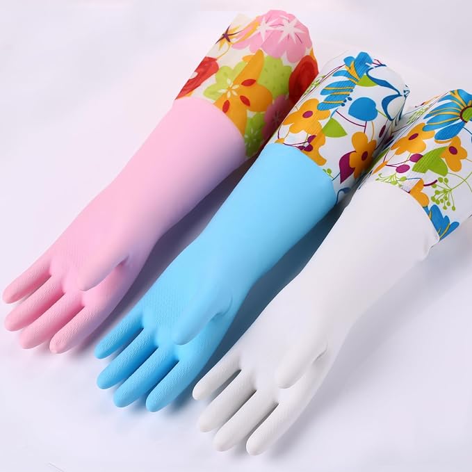 Bamllum 16-Inch Latex-Free Cleaning Gloves, Cotton Flocked Liner, Large | Reusable Dishwashing Gloves with Long Cuffs and a Non-Slip Grip, in Pink and Yellow