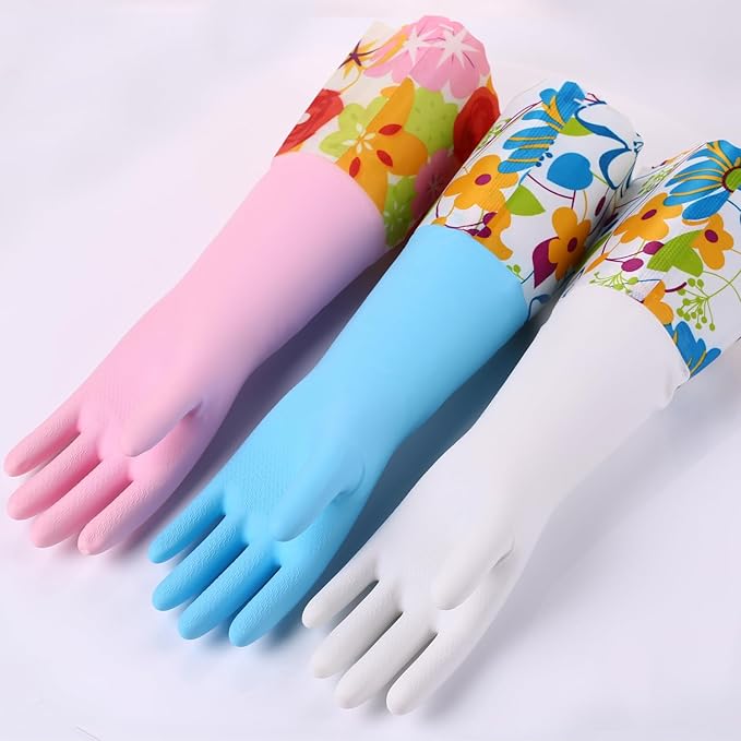 Bamllum 16-Inch Latex-Free Cleaning Gloves, Cotton Flocked Liner, Medium | Reusable Dishwashing Gloves with Long Cuffs and a Non-Slip Grip, in Pink and Yellow