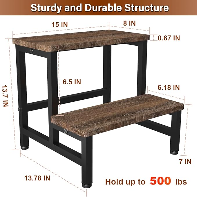 Wooden 2 Step Stool for Toddlers Kids and Adults, Heavy Duty Stepping Stools with 500 LB Load Capacity, Foot Step Stool for Bed, Living Room, Bathroom, Kitchen - Rustic Brown & Black