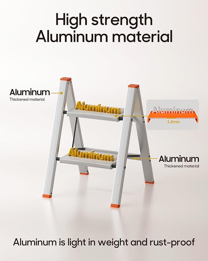HillhutApex Aluminum Step Stool Foldable,2 Step Ladder (Orange) | Lightweight Portable step ladder with Anti-Slip Wide Pedal,330lbs Capacity Ladder for Household,Office,Kitchen