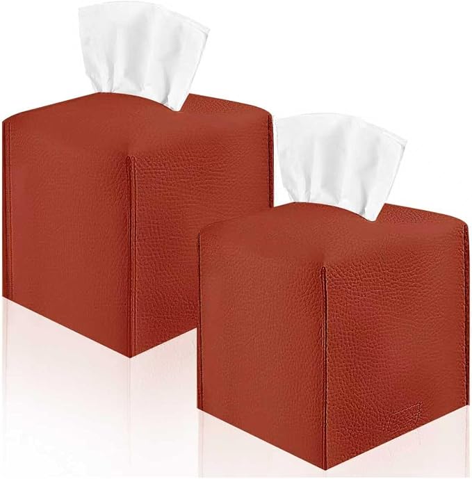 2 Pack 5"x5"x5" Square PU Leather Tissue Box Holders for Home & Office | Modern sleek design, water-resistant PU surface, fits bathroom vanity nightstand & car (Reddish Brown)