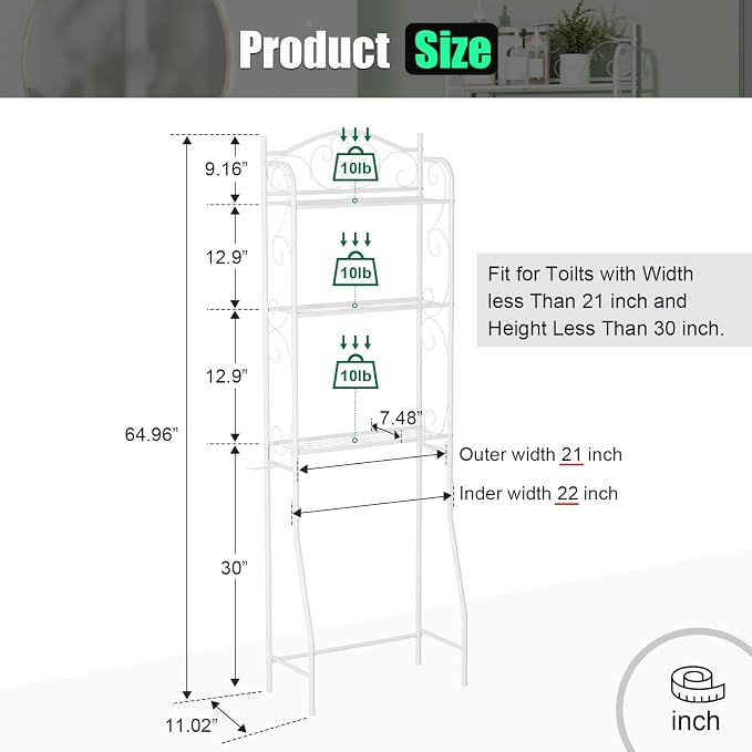HOME BI Over The Toilet Storage Shelf, 3-Tier Over Toilet Bathroom Organizer Rack, Freestanding Space Saver Toilet Stands with Hooks (White)