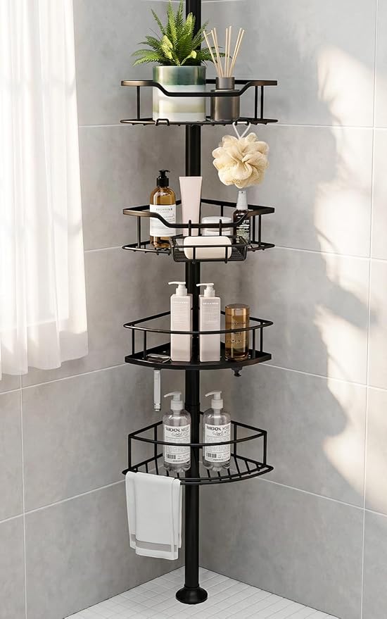 Corner Shower Caddy Tension Pole, 4-Tier Fan-Shaped Adjustable Rustproof Bathroom Organizer Shelves, 47"-125'', No-Drill Quick Installation for Inside Shower, Bathtub, Black (BLACK)