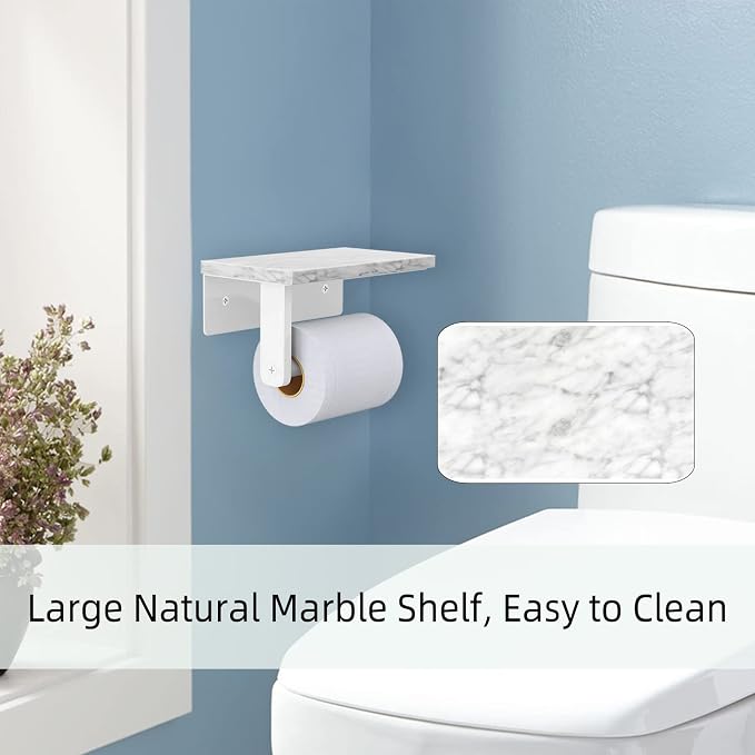 Gypie Toilet Paper Holder with Marble Shelf, Wall Mounted White | Stainless Steel, Tissue Roll Paper Holder Dispenser for Bathroom Washroom