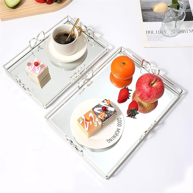 Large Silver Mirrored Tray with Elevated Ball Feet, 14x10 Entire Length Perfume Organizer for Dresser, Modern Minimalist Bathroom Counter Vanity Storage