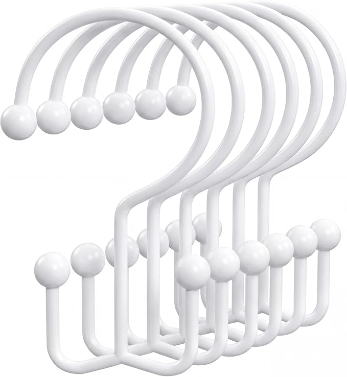OEH Shower Curtain Hooks, Metal Shower Curtain Rings, Decorative Shower Curtain Hooks Rust Proof, Double Shower Rings for Curtain, Easy Install Anti-Drop Shower Hooks for Shower Curtain White, 12 Pack