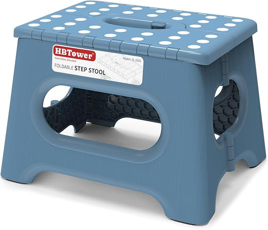 HBTower Folding Step Stool 9 Inch, 600 LBS Capacity with Safety Lock, Blue | Compact Step Stool Foldable for Kids & Adults, Portable Carry Handle, Collapsible Foot Stool, Kitchen, Bathroom & Outdoor
