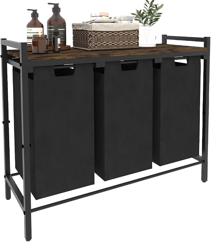 10 x 3 Gal Large Laundry Hamper, Rustic Brown and Black | Freestanding Clothes Basket Organizer with 3 Pull-Out & Removable Sorter Bags for Clothing or Toys in Bathroom & Living Room