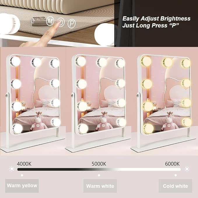 YEKKOPT Vanity Mirror with Lights,Lighted Makeup Mirror with 9 LED Bulbs, Light Up Makeup Mirror with Lights for Dressing Room & Bedroom,Smart Touch Control,360 Rotation