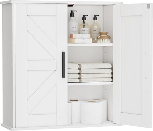Homleke Bathroom Wall Cabinet, Medicine Cabinet with Adjustable Shelves | 3-Tier Wall Mounted Over Toilet Storage with Barn Doors, for Bathroom, Kitchen, Entryway, Laundry Room, White, (7.9" D)