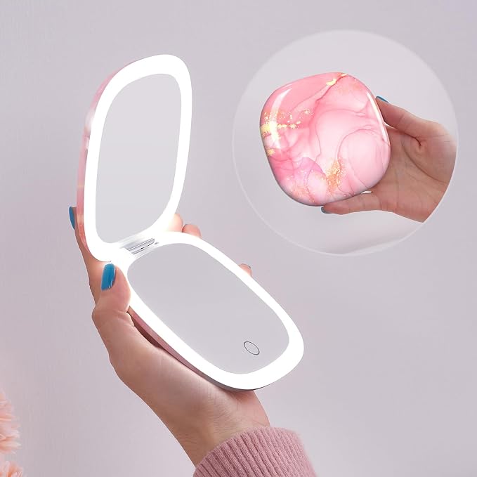Mocado Compact Mirror with Light-4 Inches Compact 1x/10x Magnifying Mirror | Double Sides Lighted, 3 Colors Lighting, 0-100% Brightness, Diammable Touch, 1200mAh Rechargeable, For Pocket, Purse