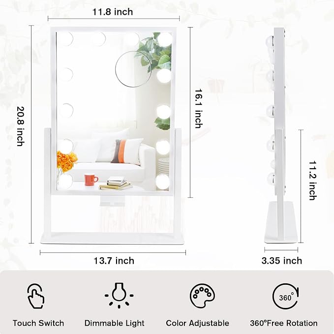 BWLLNI Vanity Mirror with Lights, Hollywood Lighted Makeup Mirror with Phone Holder, Smart Touch Control, 3 Color Lighting Modes, Detachable 10X Magnification, 360°Rotation(White) | Hollywood Smart Touch Control, 3 Color Lighting Modes, Detachable 10X ...