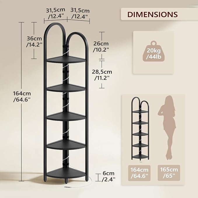 MAHANCRIS 5-Tier Corner Shelf with LED Light, 64.6'' Tall Corner Bookshelf, Narrow Storage Shelf with Metal Frame, for Living Room, Bedroom, Small Spaces, Black CSBK55101