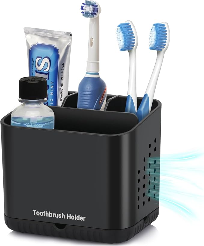Toothbrush Holders for Bathrooms, Toothbrush and Toothpaste Holder (Black) | Easy To Clean, Drainage, Removable, Non-Slip, 4 Slots Tooth Brush Holder for Bathroom Countertop Organizer