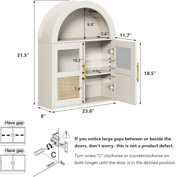 RUSTOWN Arched Bathroom Wall Cabinet with 2 Glass & Rattan Doors | Rattan Medicine Cabinet, Farmhouse Over the Toilet Storage Cabinet, Adjustable Shelves, 3-Tier Wall Mounted Cabinets
