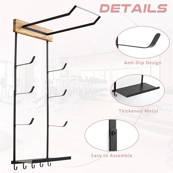 Yoga Mat and Ball Holder Wall Mount, 4-tier Yoga Mat & Ball Storage Rack, Metal Floating Shelf, Home Gym Organizer for Hanging Foam Rollers & Resistance Bands, Wood Color