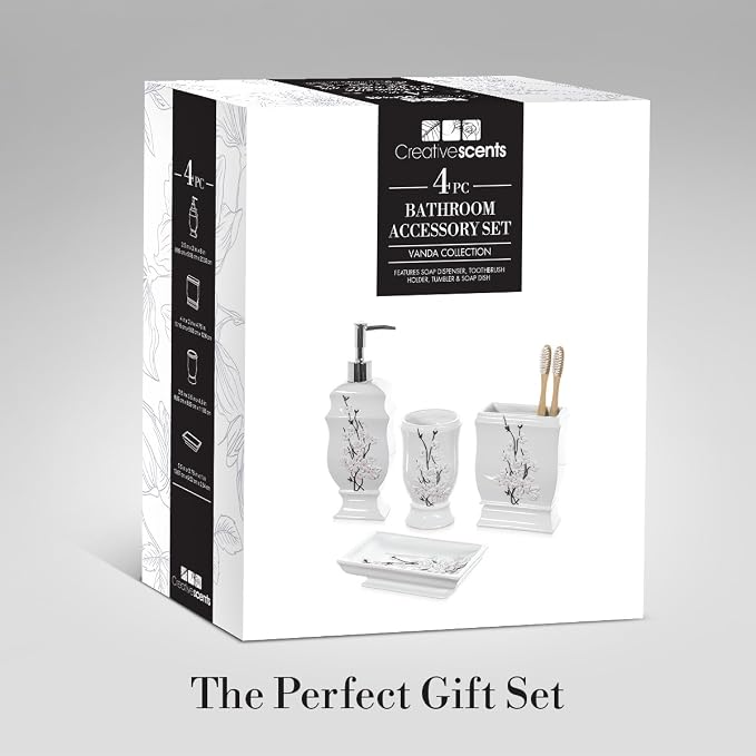 Vanda Cherry Blossom 4 Piece Resin Bathroom Accessories Set | Includes Soap Dispenser, Toothbrush Holder, Tumbler Cup & Soap Dish