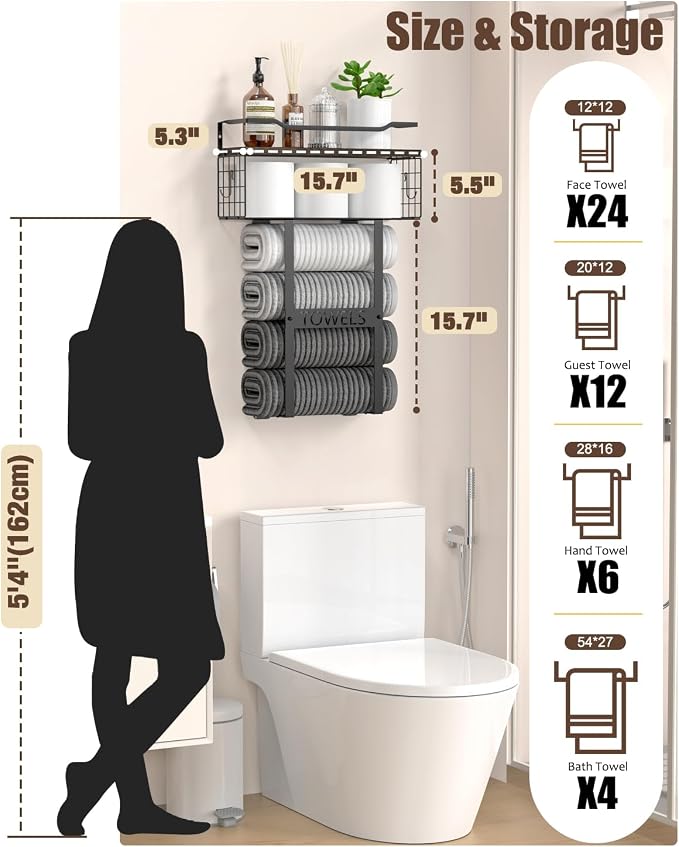Aetyord Towel Racks for Bathroom Wall Mounted Towel Storage Organize | Towel Storage with Wood Shelf & Metal Basket,Fit for Small Bathroom,Camper,Rv,Brown