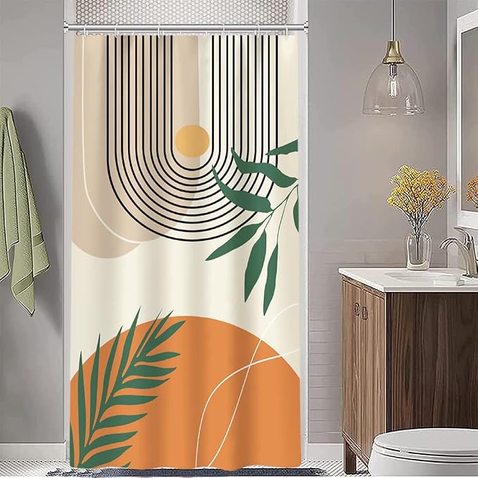 Mid Century Stall Shower Curtain with Hooks 36x72 Inch | Waterproof Small Abstract Orange and Beige Bathroom Curtain for Shower Stall, Soft, Machine Washable