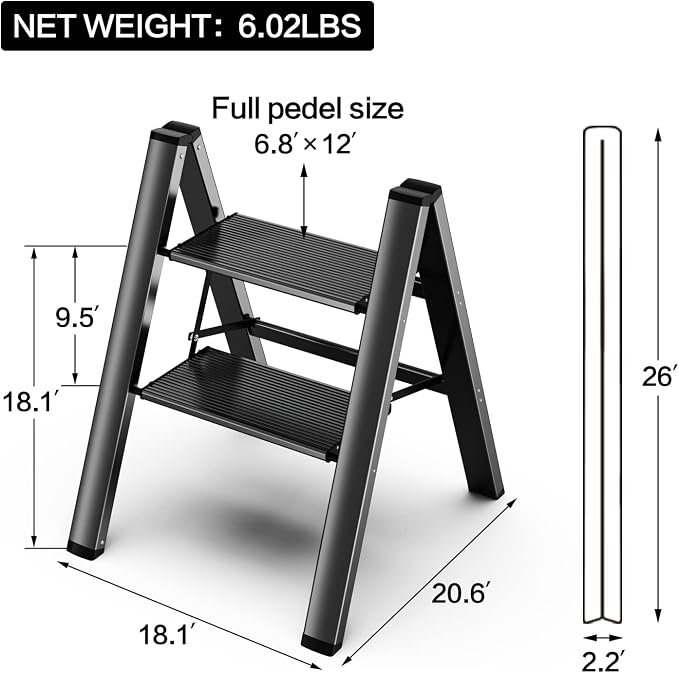 2 Step Ladder, Aluminum Folding 2 Step Stool with Anti-Slip Sturdy and Wide Pedal, Lightweight Portable Stepladder for Home and Kitchen Use Space Saving, Black, 330 lbs