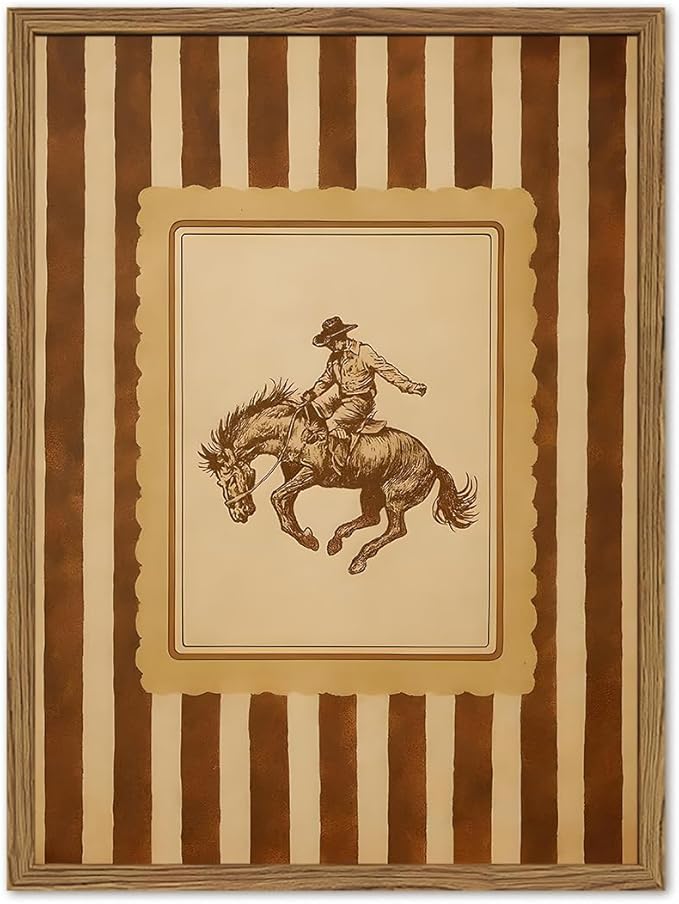 Vintage Western Cowboy Wall Art Stripe Bronco Rider Rodeo Wall Decor Painting, Southwestern Rustic Horse Poster Canvas Print Picture for Living Room Bedroom 16x24 inch Wood Framed