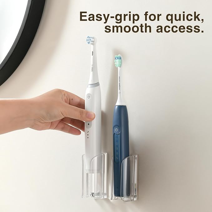 Electric Toothbrush Holder Wall Mount, Adhesive Toothbrush Caddy | Electric Toothbrush Stand for Family, Fits Mirrors/Tiles/Cabinet/Marble, PC & Stainless Steel, Clear, Pack of 4