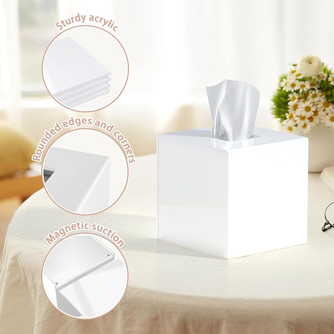 SILUT Shiny White Square Acrylic Tissue Box Cover | Stylish Modern Facial Tissue Dispenser Holder for Bathroom Vanity, Bedroom & Office, Magnetic Bottom & Non-Slip Base