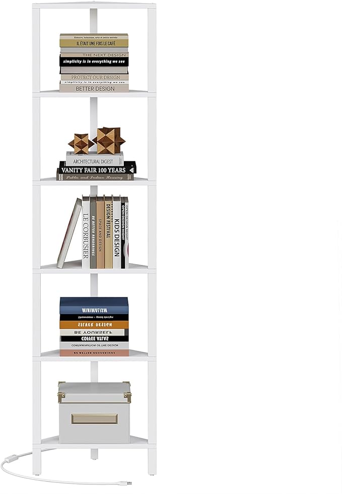 TUTOTAK 6-Tier Corner Bookshelf with LED Light, Corner Shelf | for Small Space, Narrow Display Corner Shelf Stand with Storage Rack, for Living Room, Bedroom, Pure White V1BS05BW006L