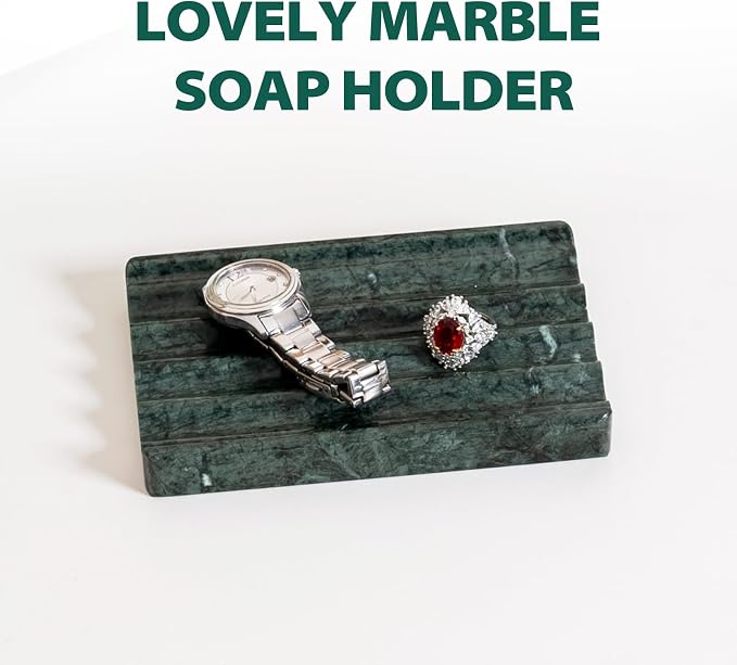 Karibiber Soap Holder, Marble Soap Dish for Shower, Green Bar Soaps Holder with Water Ripple Design, Easy Cleaning Soaps Saver for Kitchen Sink，Bathroom, Executive Indian Natural Stone Soap Tray