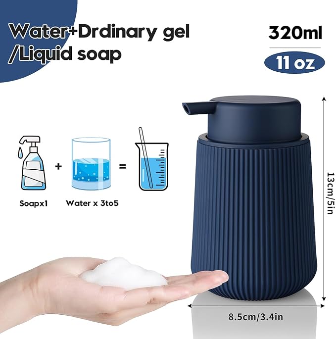YAUKPH Striped Foaming Hand Soap Dispenser Navy Blue | with Leak-Proof Pump for Bathroom and Kitchen Countertop 11oz
