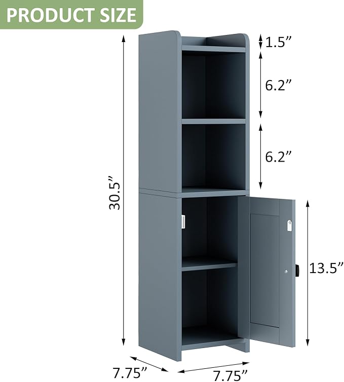 Lomojo Small Bathroom Storage Cabinet Corner, 7.87" Dx7.87 W x31.5 H (Gray) | Freestanding Narrow Toilet Paper Holder, Organizers for Bathroom Small Spaces Floor Cabinet with Adjustable Shelves and Door