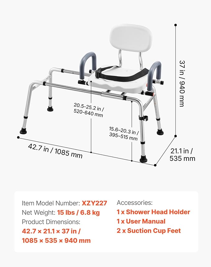 VEVOR Sliding Shower Chair, 400 lbs Tub Transfer Bench for Bathtub with Swivel Seat, Shower Bench with Pivoting Arms and Backrest, Height & Width Adjustable for Handicap, Seniors, Elderly and Disabled