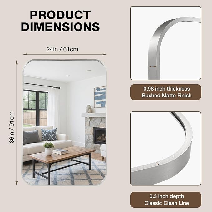 24"x36" Bruhed Nickel Rectangle Vanity Bathroom Mirror, Set of 2 | Aluminum Alloy Frame, Clear Reflection, Rust-Resistant, Vertical or Horizontal, Wall Mount, Bedroom and Entryway