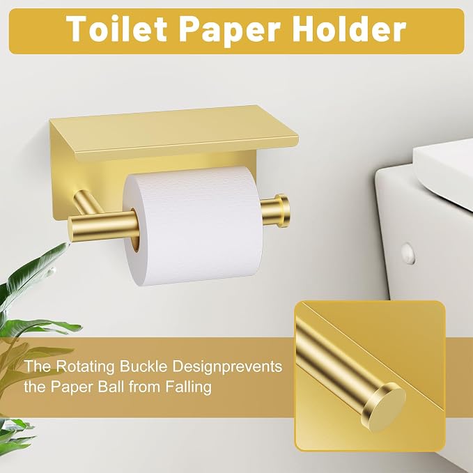 TURS 5-Pieces Brushed Gold Bathroom Hardware Accessories Set SUS304 Stainless Steel Towel Bar Set 23.6inch Wall Mounted Toilet Paper Holder with Shelf