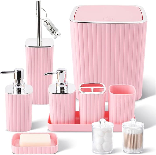 XLHOMO Pink Bathroom Accessories Set - Gorgeous Bathroom Set, 10PC Bathroom Accessory Set, Toilet Brush, Trash Can, Qtip Holder & Soap Dispenser