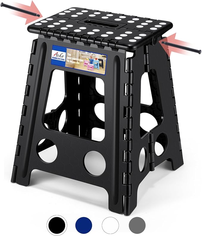 ACKO 16 Inch Folding Step Stool with Safety Lock, Holds 400 lbs, Black | Portable Foldable Stools with Handle, Heavy Duty Collapsible Non-Slip Foot Stool for Adults & Kids, Kitchen Bathroom Outdoor